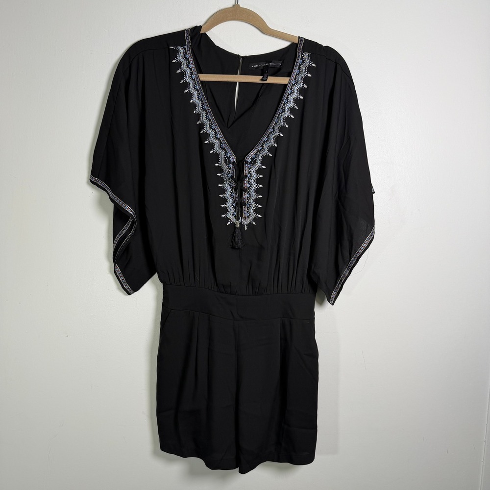 White House Black Market Romper Womens 4 Black Embroidered Boho Kimono Sleeve